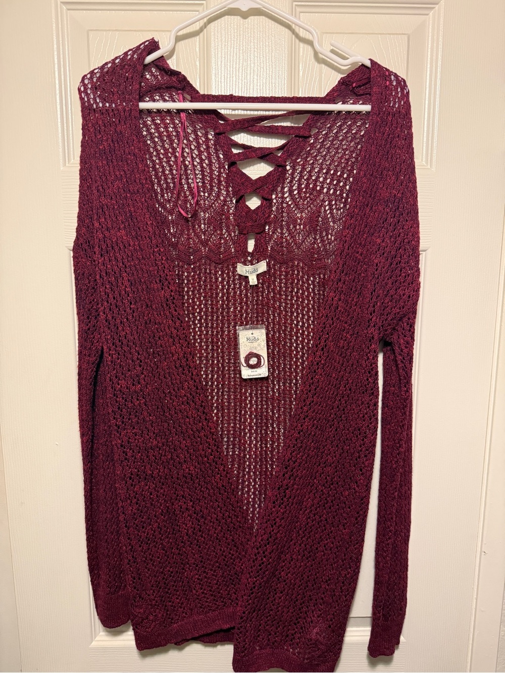 Mudd Open-Knit Lace-Up Back Cardigan - Burgundy